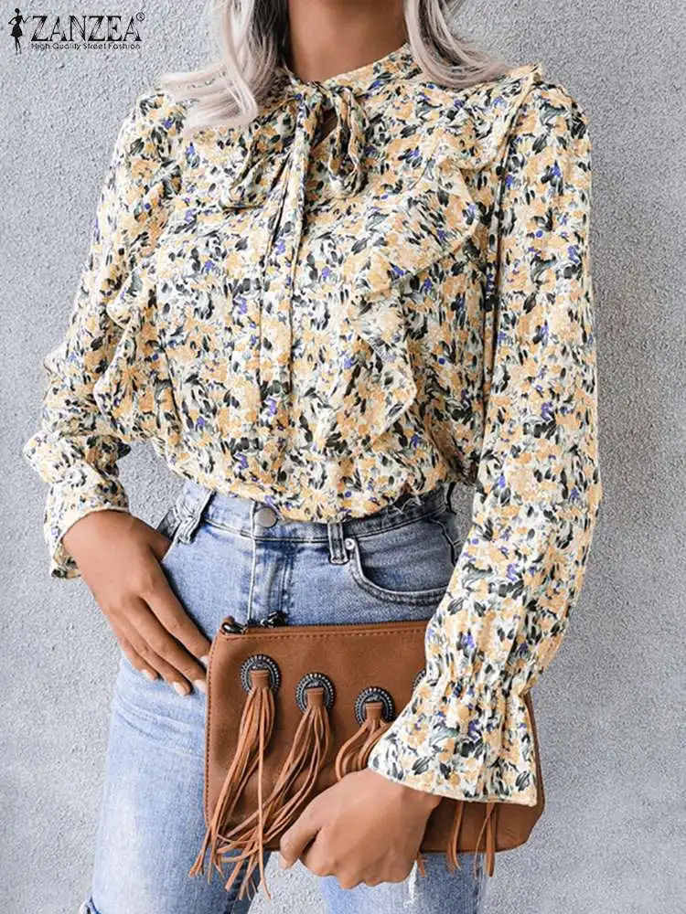 

Oversized Blouses Bohemian Bow Tie Puff Sleeve Tops ZANZEA 2022 Women Shirts Ruffle Loose Casual Printed Fahsion OL Blusas Mujer