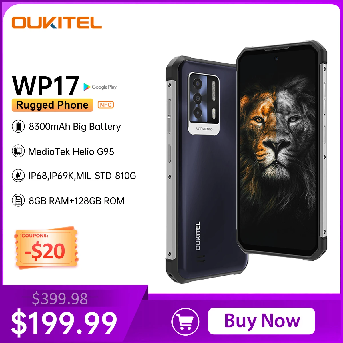 Oukitel WP17 Rugged Smartphone 8GB+128GB  6.78“FHD+ 8300MAH Android 11 Mobile Phone 64M+16M NFC Cell Phone