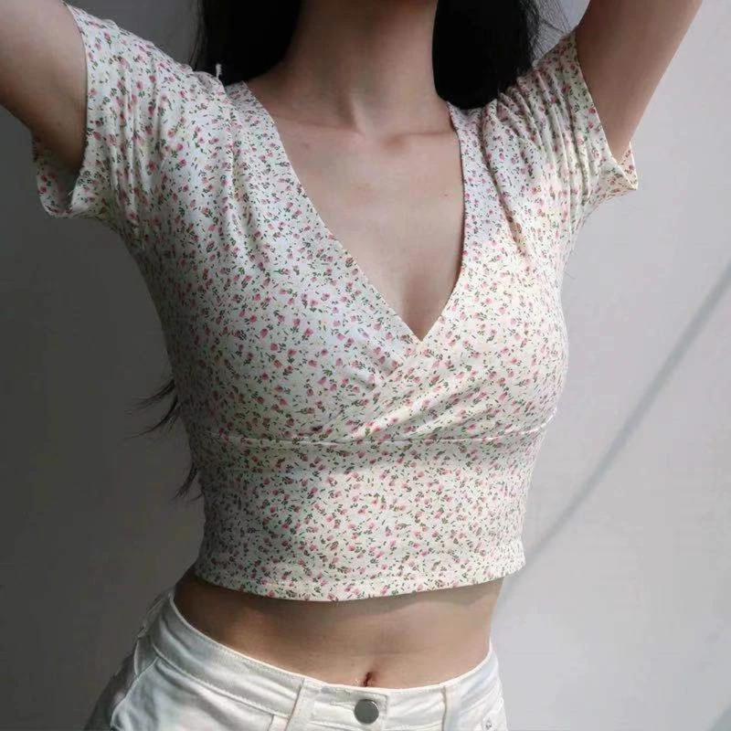 

Summer French Retro Floral V-neck Short-sleeved T-shirt Slim Slimming Wild High Waist T-shirt Women Crop Top