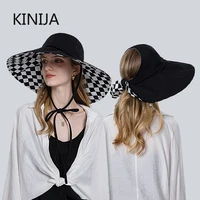 wide brim beach hat fashion chessboard lattice hats for women summer lady uv proof sun protection cap girl foldable ponytail hat