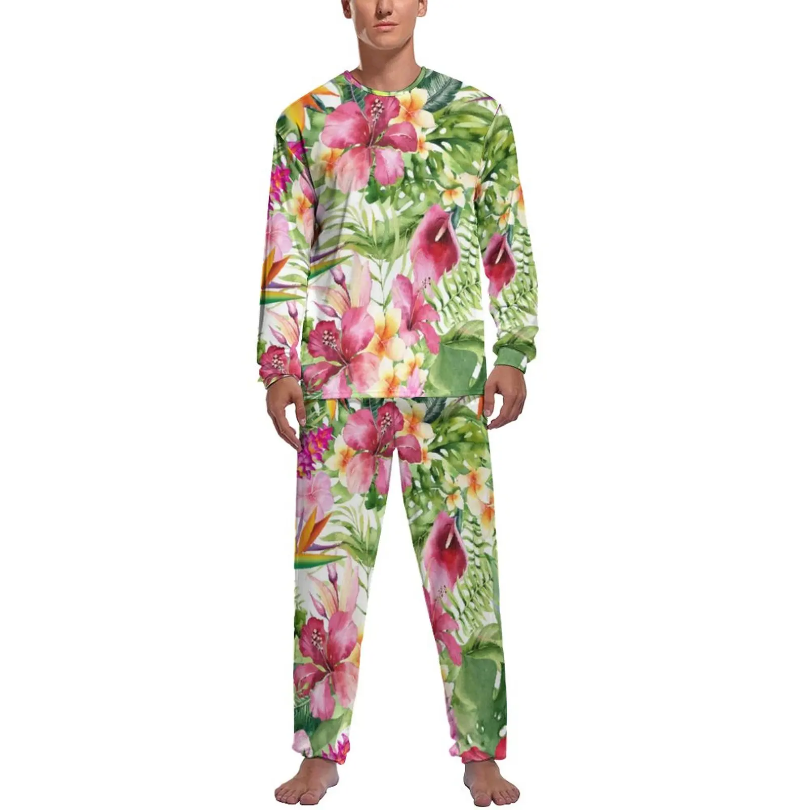 

Bright Flowers Pajamas Autumn 2 Piece Tropical Hawaiian Floral Cute Pajama Sets Male Long Sleeve Home Graphic Nightwear