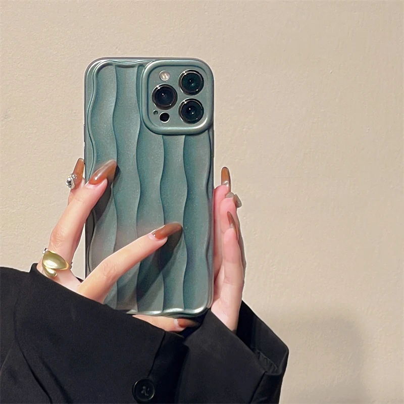 

Ins Alpine Green Wave Curve Phone Case For iPhone 14 Pro Max 13 12 11 14 Plus Soft IMD Silicone Cover Funda
