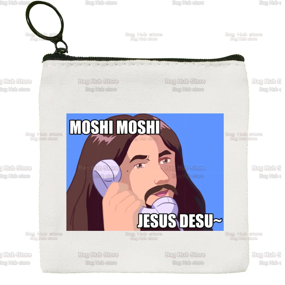 Moshi Moshi Jesus Desu Canvas Creative Small Coin Purse Funny Simple Key Coin Purse for Men and Women Fashion Style Cute Trend