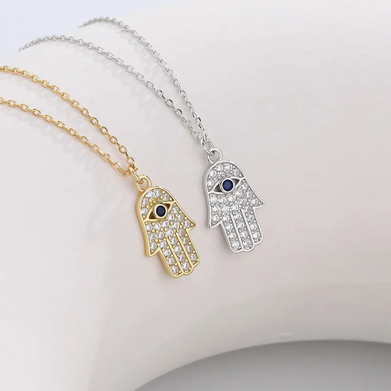 

Hamsa Hand Pendant Necklace 925 Sterling Silver Dainty 18K Gold Plated Bling Cubic Zirconia CZ Evil Eye Hand Necklace for Women