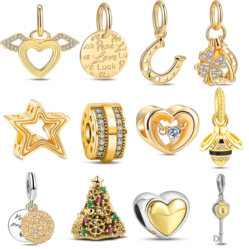 

Золотая серия, звезда, сердце, крылья, пчела, дерево, ключ, подвеска, подвеска, оригинальный браслет Пандора, искусственное серебряное ювелирное изделие, бусины для рукоделия