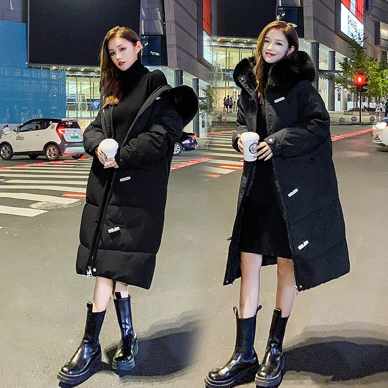 2022 Winter New Women Long Over-the-knee Down Jacket Design Single-breasted Plus Velvet Warm Big Fur Collar Black Hooded Coats