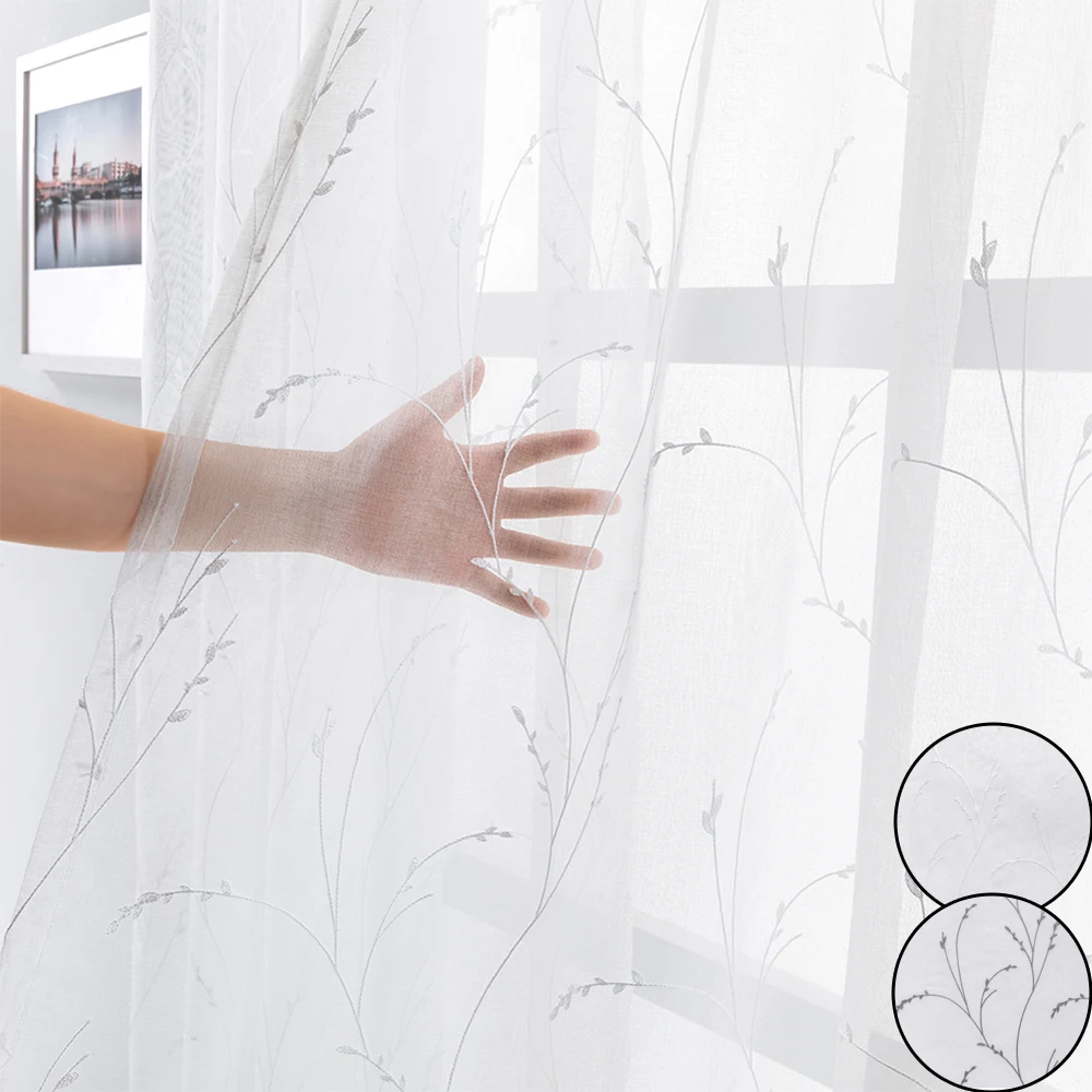 

BILEEHOME Embroidered Leaves Tulle Curtains for Living Room Bedroom Kitchen Sheer Voile Curtains Window Treatment Drape Panel
