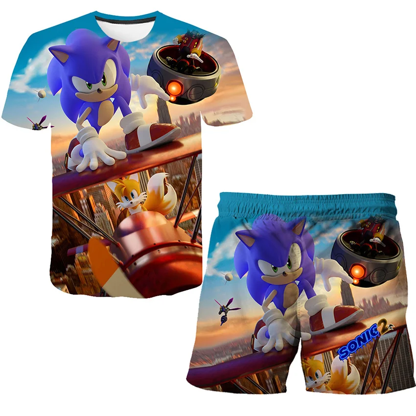 

Kid's 3D Super Sonic Printed T-Shirt+Shorts 2pcs Suit Children Summer Hip-Hop T-Shirts Casual Short pants 4-14T 2pcs Suit