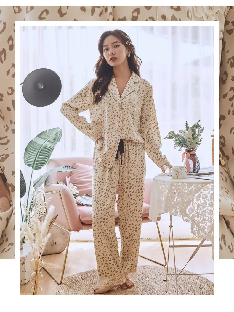 Women's 2 Piece Pajama Set Apricot Leopard Print Pijama Suit Ice Silk Pyjama Female Sleepwear Long Sleeve Shirt Trouser Homewear