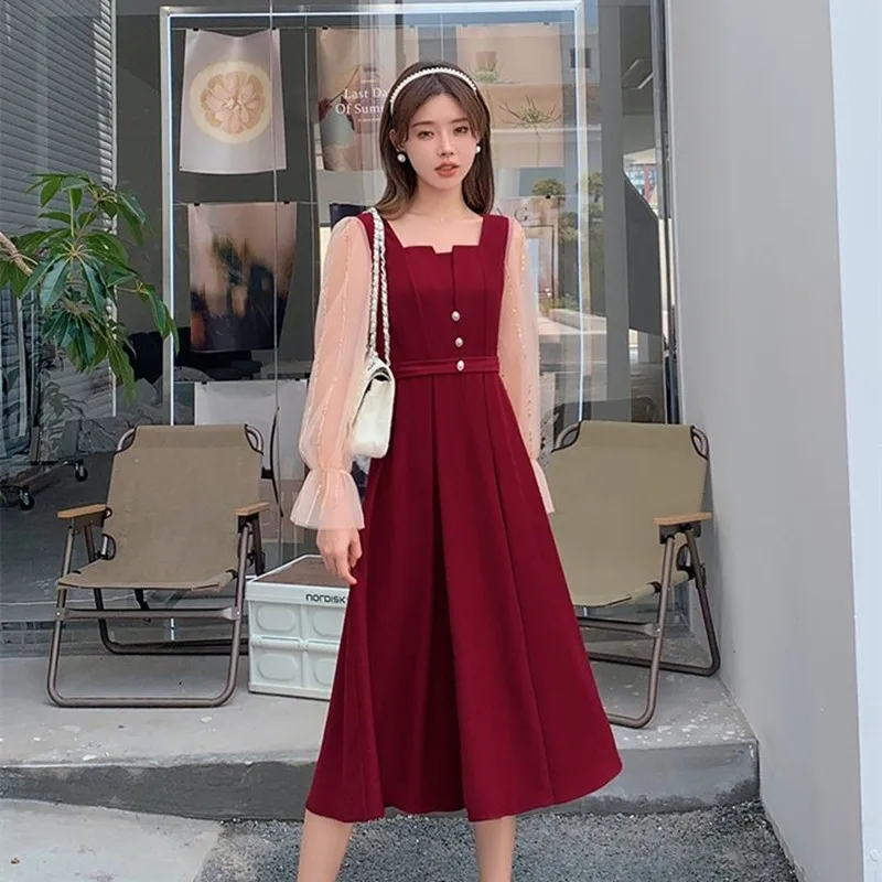 

Office Lady Sequin Mesh Flare Sleeve Temperament Wine Red Party Dress Summer Clothes For Women Square Collar Long Sleeve Dress