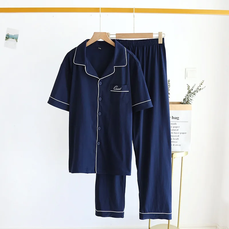 Spring/summer Pajamas for Women Knitted Cotton Couple Suit Men's Short-sleeved Trousers Simple Lapel Home Casual Two Piece Set