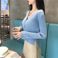 knitted women sweater pullovers autumn v neck knitted cardigan fresh breathable solid long sleeved single breasted short jacket