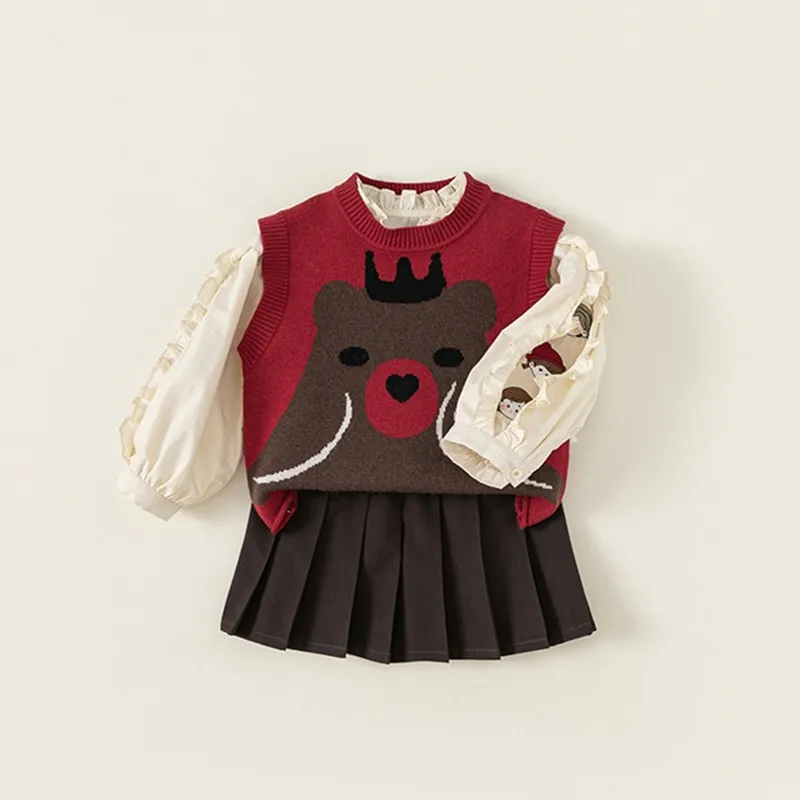 

Children's Vest Spring Autumn Girls Bear Pattern Knitted Vest Children's Clothing Shirt Skirt Special Shirt Design Pleated Skirt
