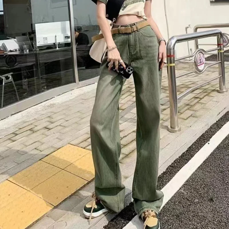 American-Style Retro Green Wide-Leg Jeans Women's Spring High Waist Loose and Slimming Straight Tall Lengthened Mop Pants