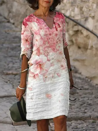 

Women's Cotton Linen New Trend Printed V-Neck Dress Floral Printed Bohemian Sundress Vintage Cotton Linen Party Short Dress
