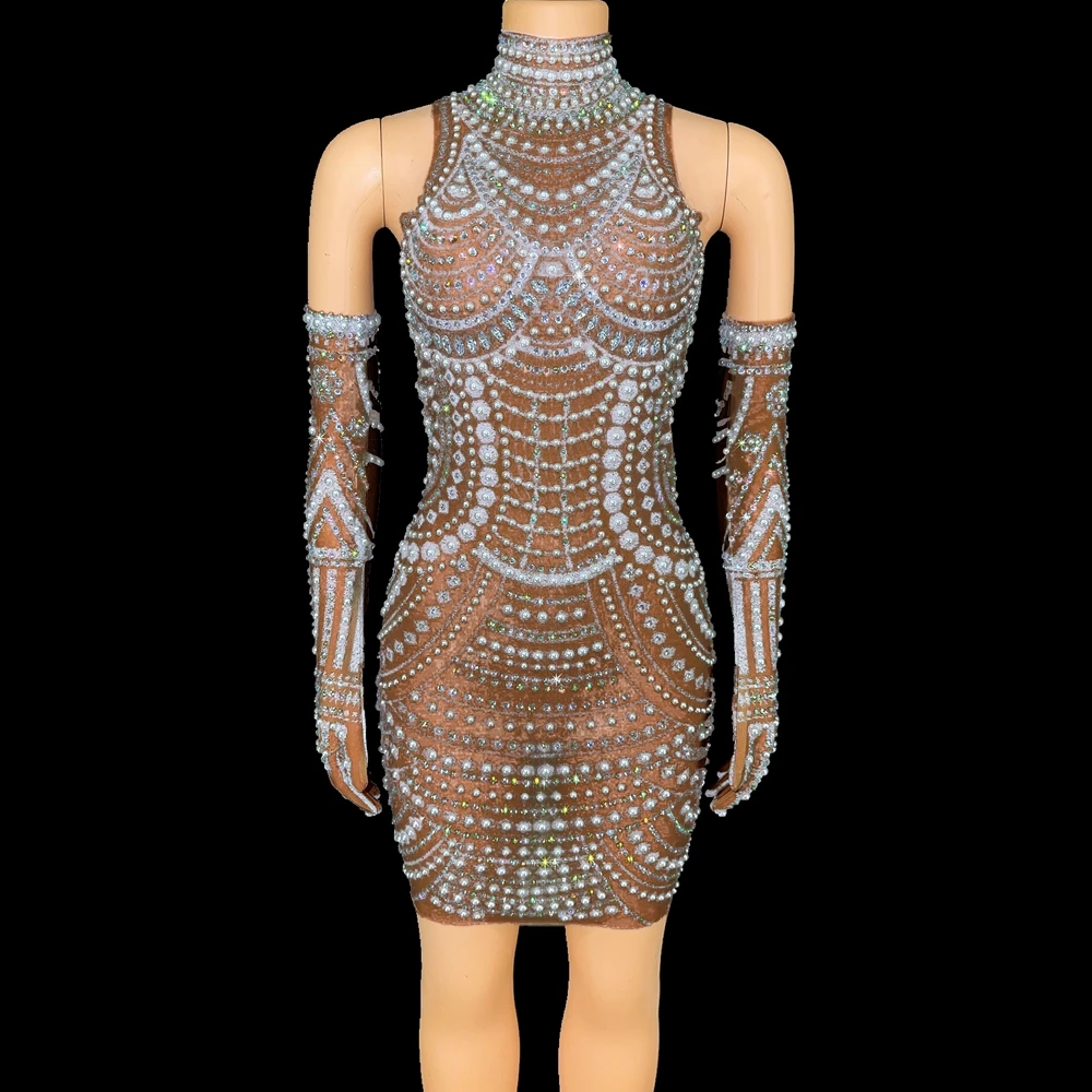 

Блестящие искусственные жемчужины короткие платья перчатки сексуальное вечернее платье для выпускного вечера знаменитости платье для дня рождения