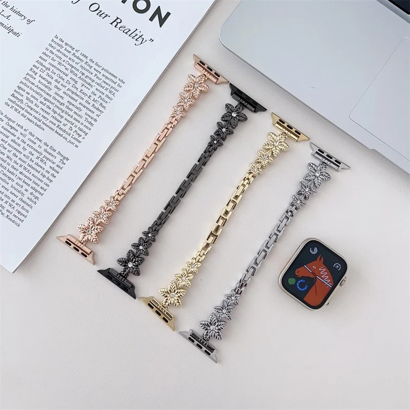 

For Iwatch "H" Shape Flower Metal Stainless Steel Watchbands for Series Ultra 8 49mm 45mm Diamond Strap for Apple Watch Bracelet