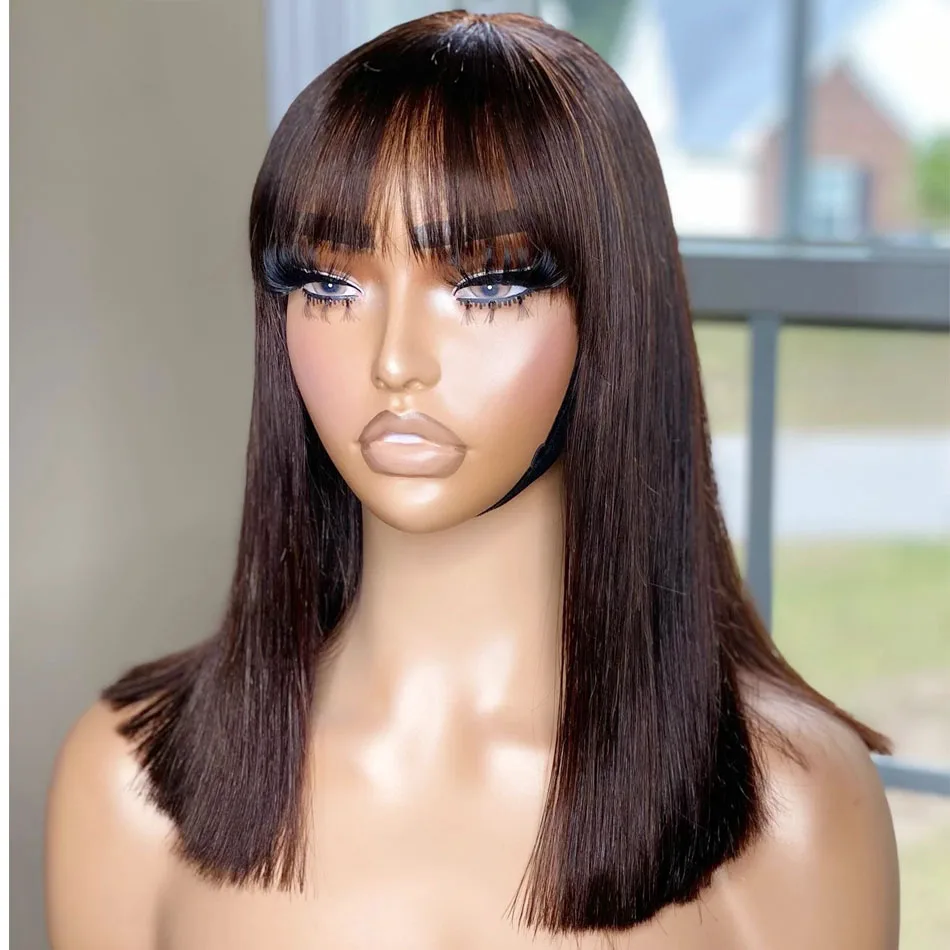 

Glueless Dark Brown Long Silky Straight Wig With Bangs Soft Hair Synthetic Full Machine Wig For Black Women Heat Resistant Daily