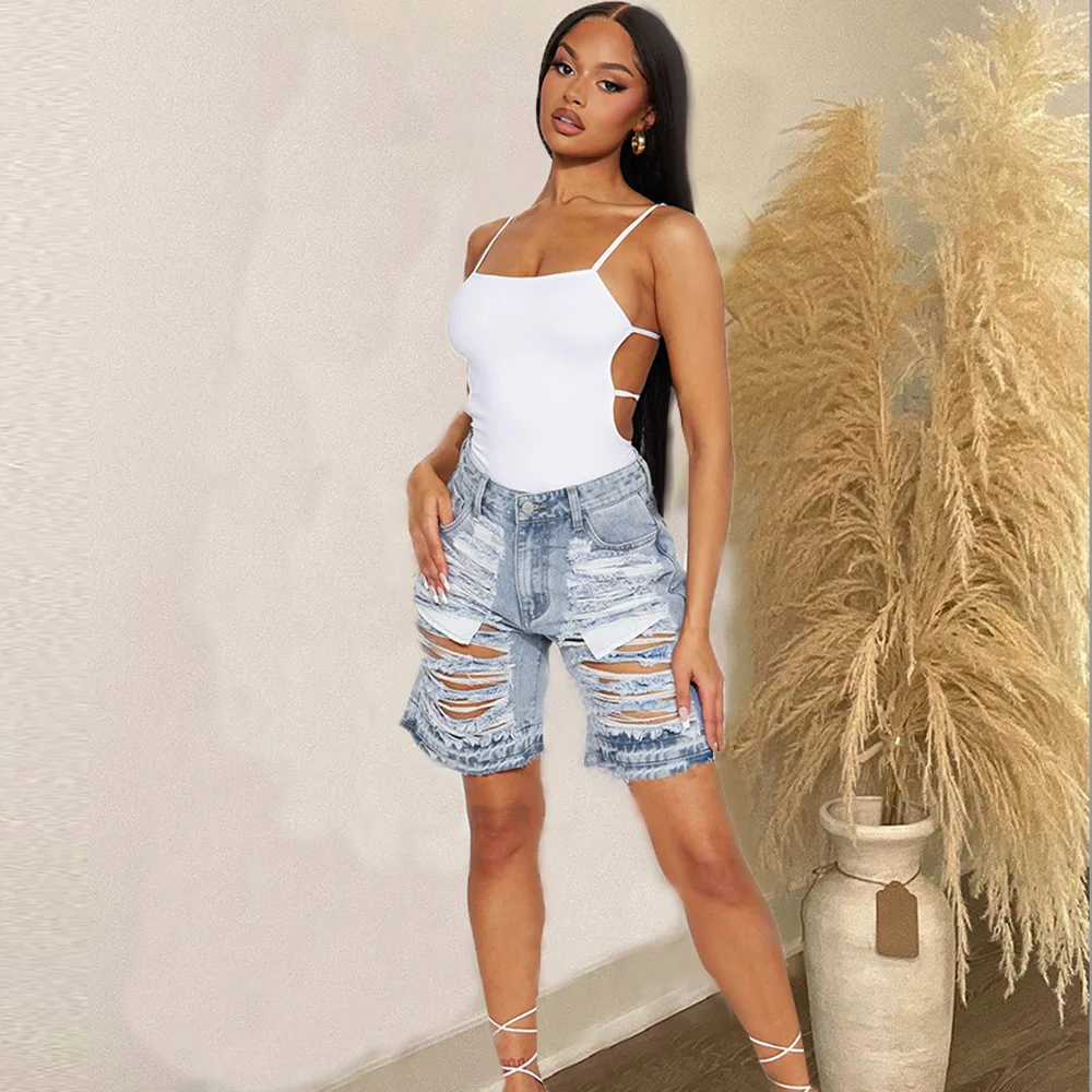 Spicy Girls' Perforated High Waist Jeans Women's 2023 Summer New Line Street Wash Personalized Tassel Short Hot Pants