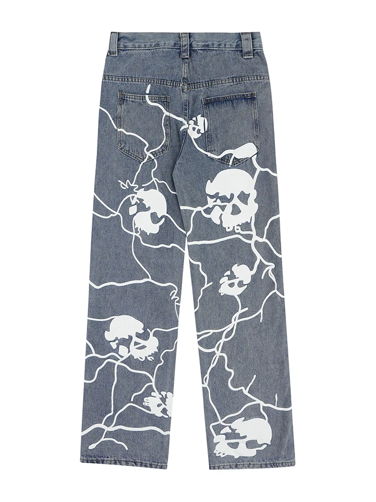 Black Loose Wide Leg Wash Print Jeans Lightning Print Personality Versatile Hiphop Casual High Street Straight Mop Menswear