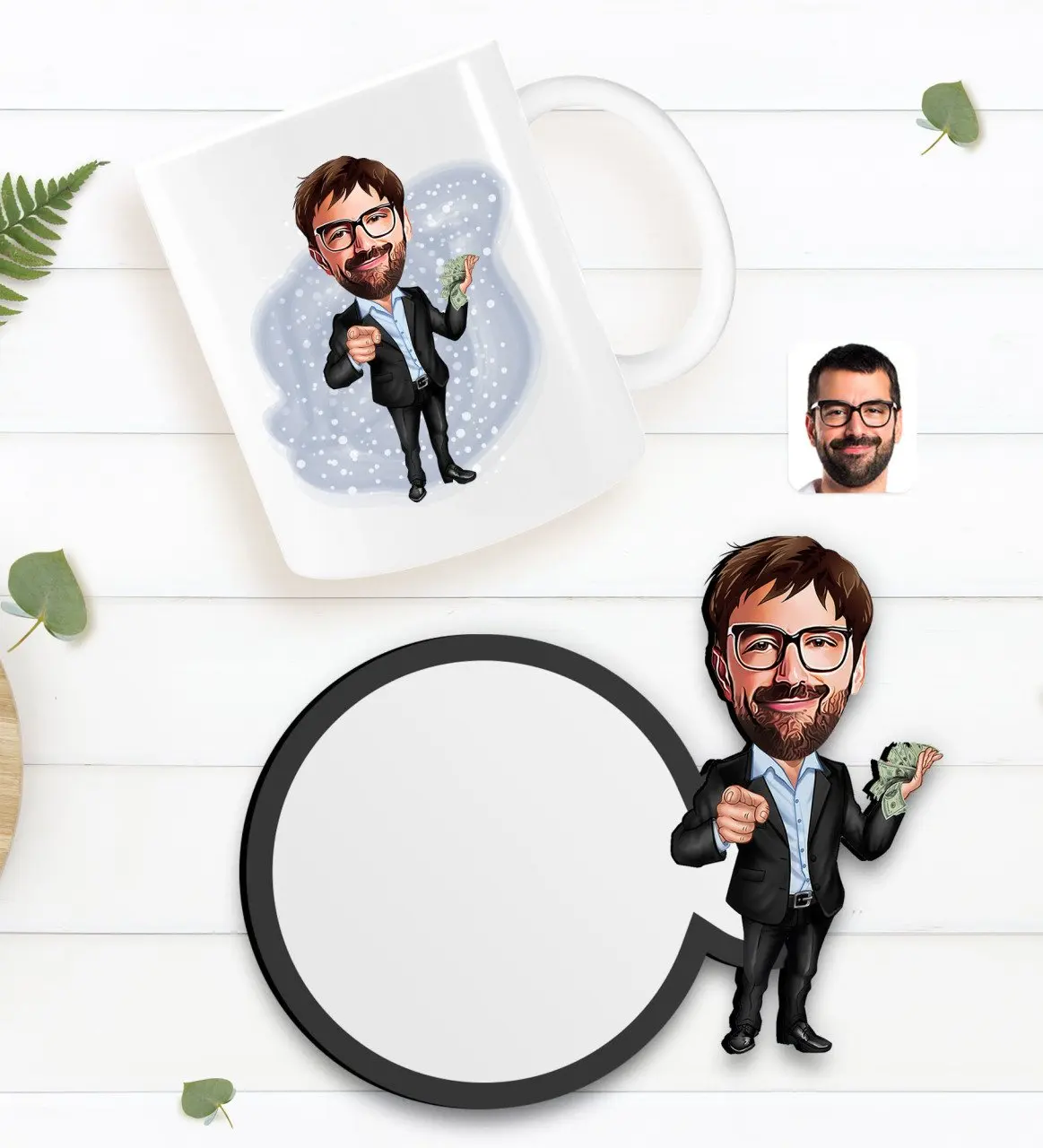 

Персонализированная Мужская миллионерная карикатура белая кружка и деревянная подставка в подарок Seti-1