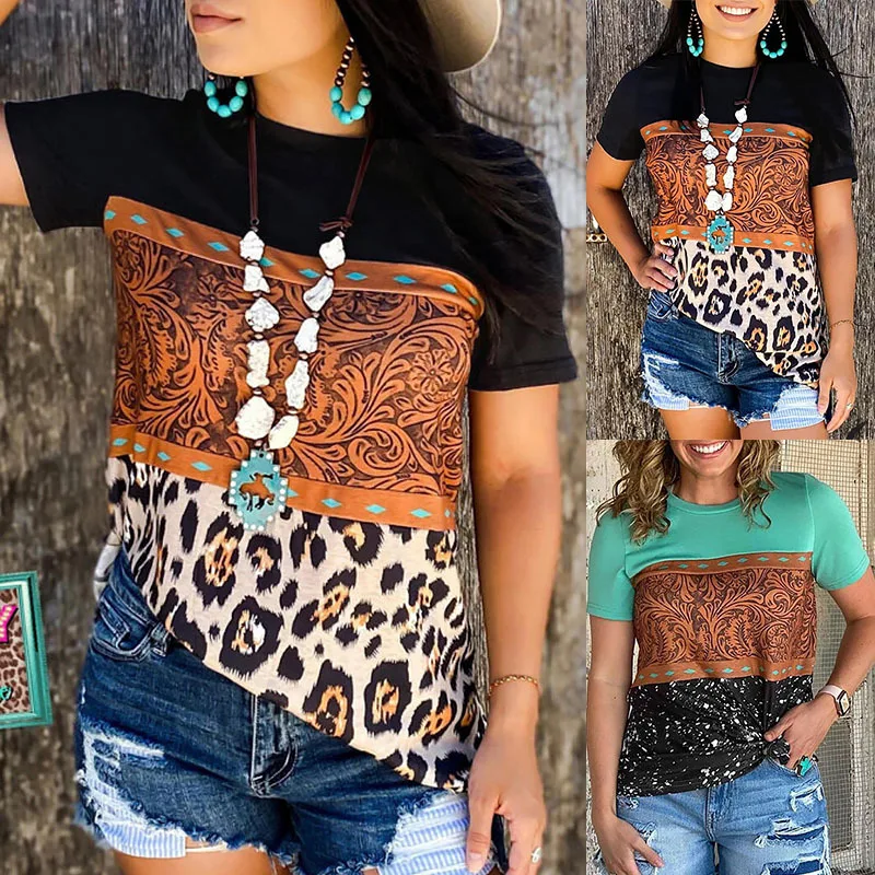 

2022 Summer Women's Stitched Leopard Print Casual Irregular Vintage Short Sleeve T-Shirt Femininas Sexy Lady Tops Punk Clothes