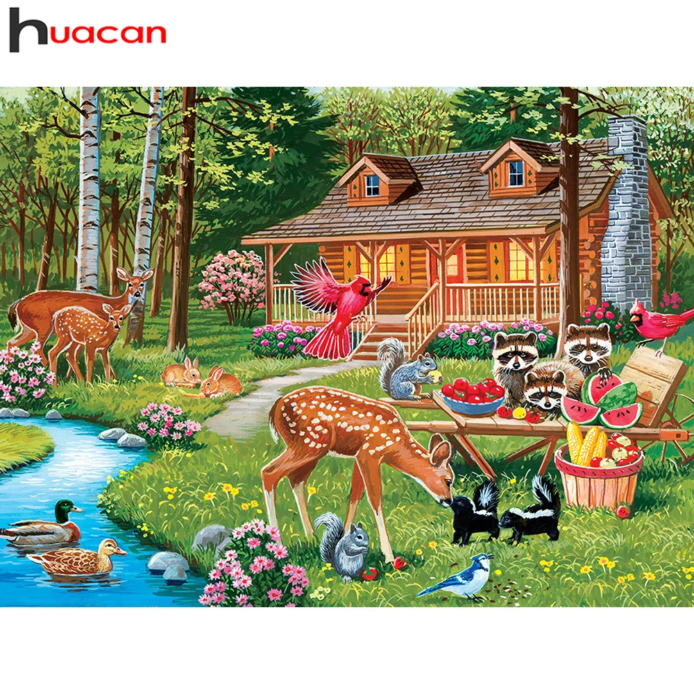 

Алмазная живопись 5d Huacan, картина с полным обучением дому, искусственное дерево, мозаика с животными, вышивка крестиком, квадратный/круглый Декор для дома