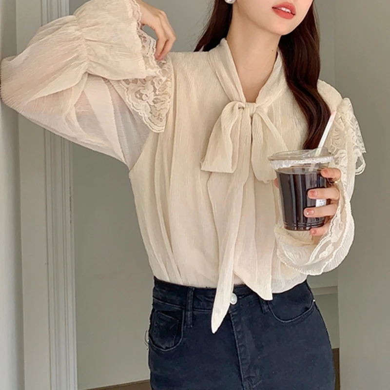 

2023 Autumn Bow Lace Up Lace Blouse Women French Style Loose Simple Chiffon Shirt Flare Long Sleeve Tops Ladies Elegant 28850