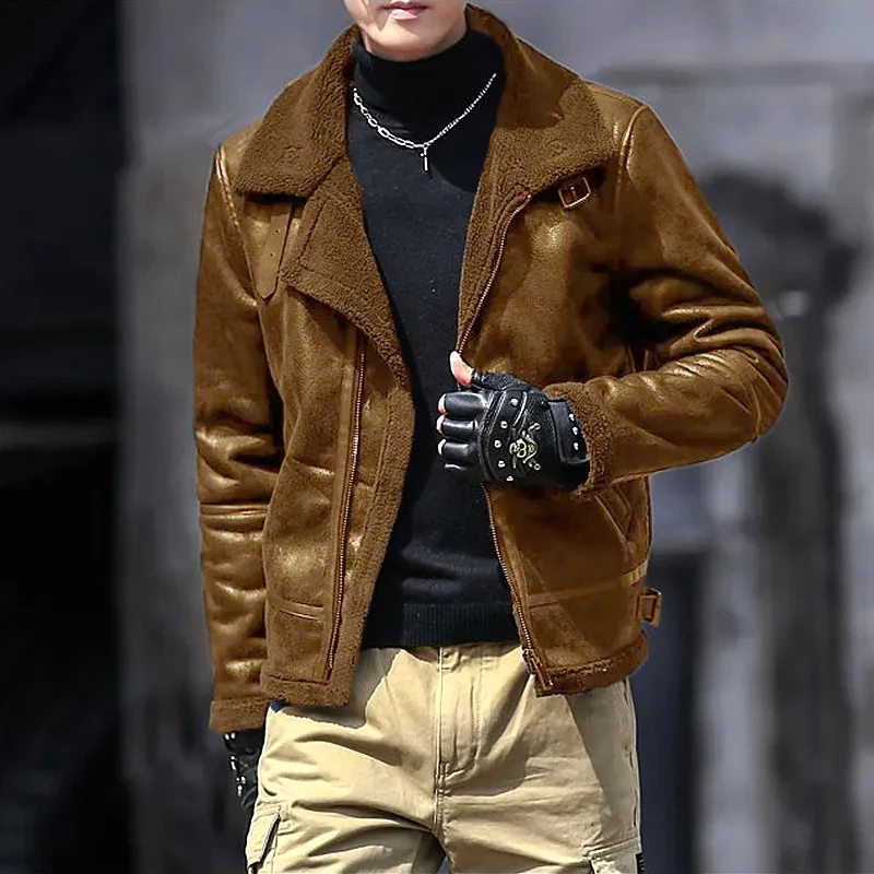 

2023 New Men Winter Thick Lamb Jackets Vintage Turn-down Collar Slim Warm Coats All-match Motorcycle Outwear Men's Streetwear