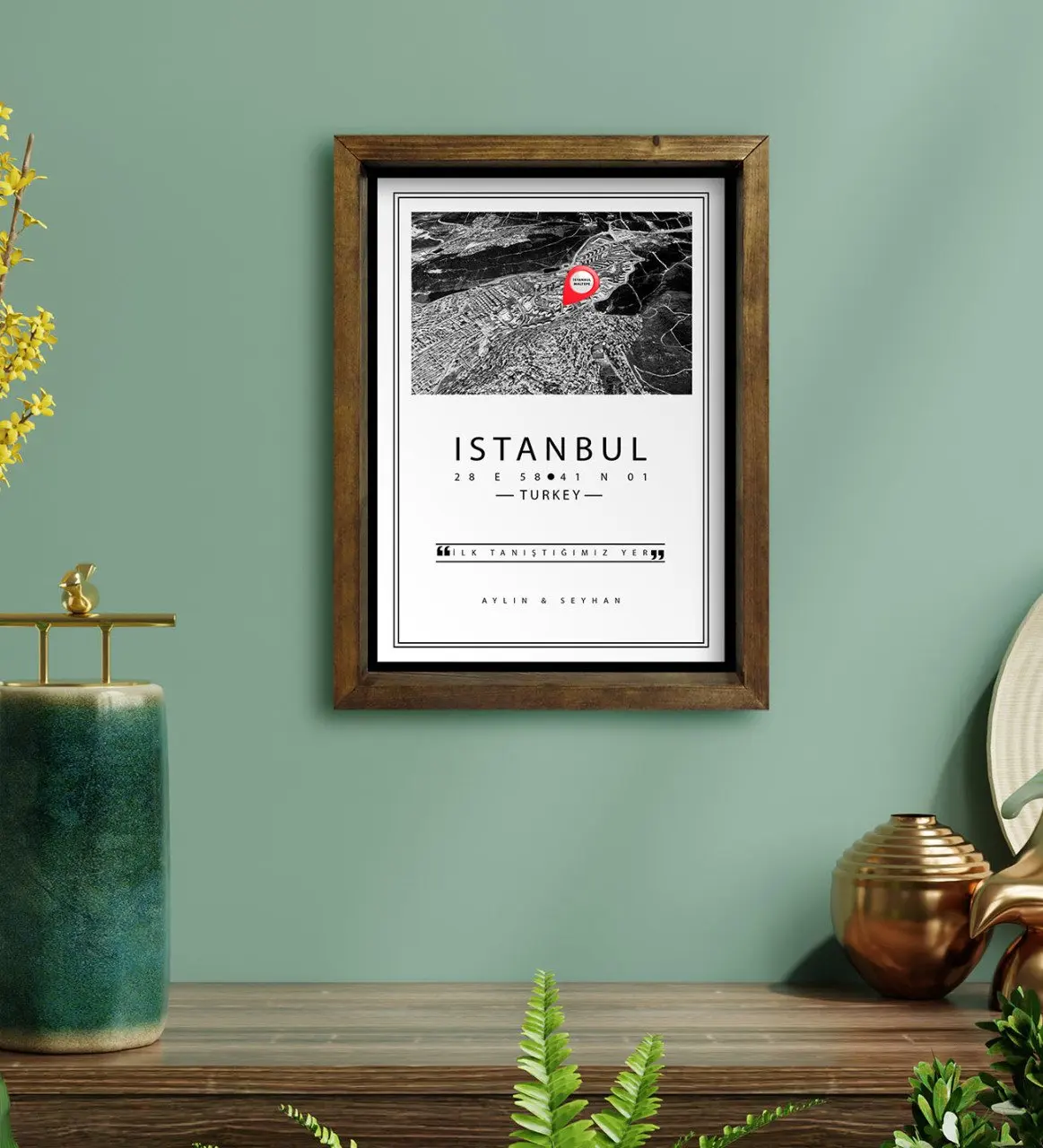 

Персонализированный черный, белый, дизайн с картой из Стамбула, стол с рамой из натурального массива дерева, 30x40 см-1