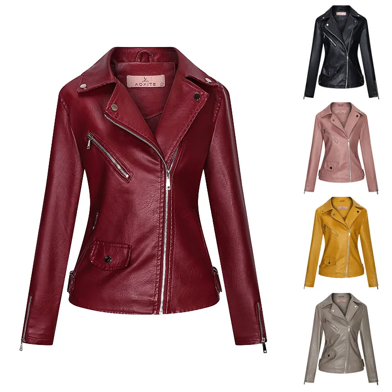 Women's Autumn  Winter Temperament Slim Women's Coat Two PU Leather Jacket Leather Jacket Spot Slim Girl Top Zippers