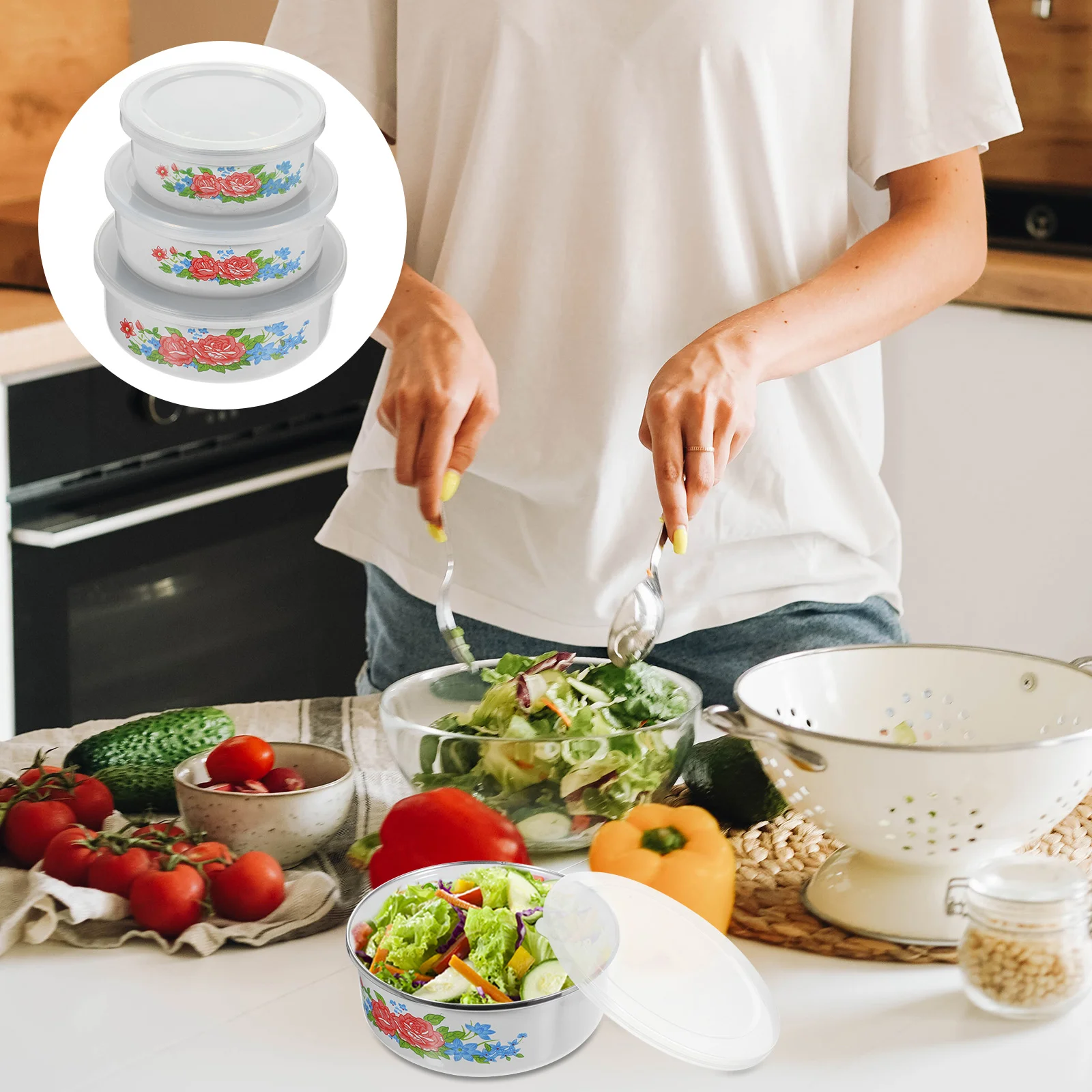 

3 Pcs Glass Bowl Fresh-keeping Enamel Work Food Containers Mixing Bowls Lids Vintage Noodles packets Kitchen products