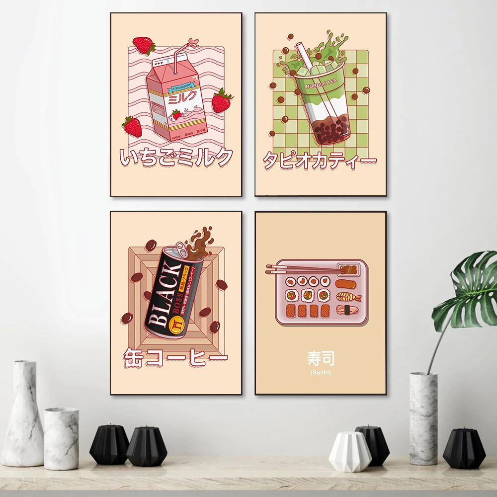 Японская мультяшная клубника молоко кофе с пузырьками чай плакат принты рамен