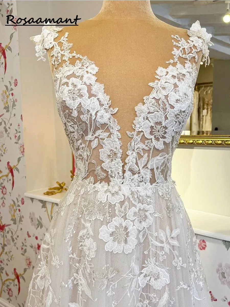 

Роскошные свадебные платья без рукавов с круглым вырезом и кружевной аппликацией, женское платье с открытой спиной и шлейфом, vestido de noiva