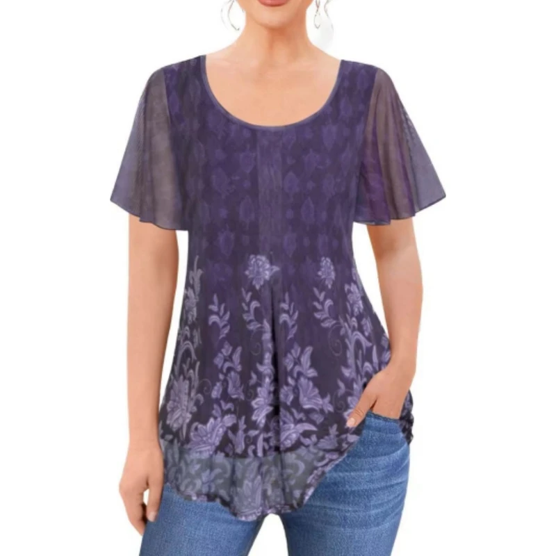 

Summer New Net Yarn Patchwork T Shirt Tops O Neck Short Sleeve Loose Printing Pullovers Vintage Fashion Women Clothing Oversized