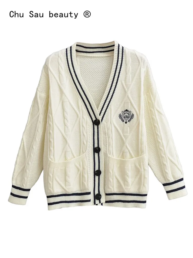 

Женский вязаный кардиган Y2k в стиле преппи с V-образным вырезом, Осень-зима 2022, новый милый свободный свитер в Корейском стиле, Женский шикарный топ