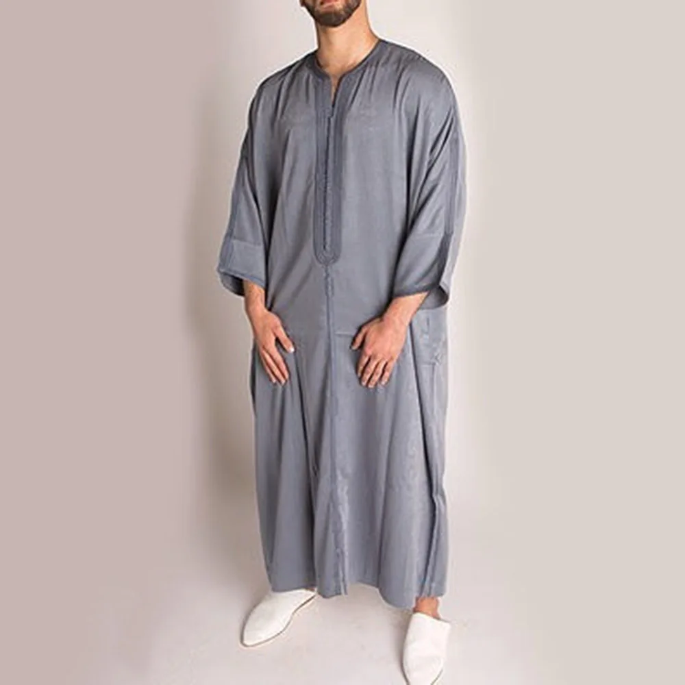 

New Grey Ethnic Style Men's Long Shirt Muslim Robe