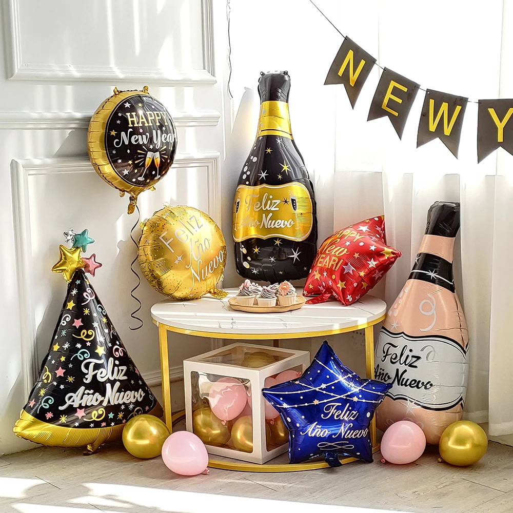 

2023 Happy New Year 18inch Round Aluminum Film Balloons Event Party Supplies Wine Bottle Party Decoration Arrangement Kids Gift