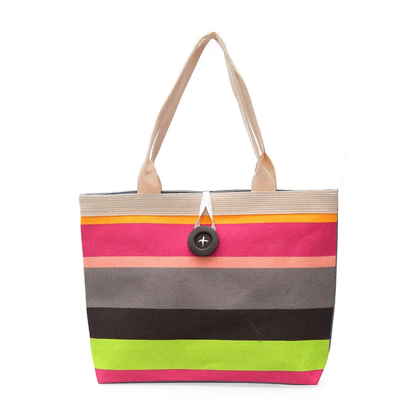 

Colored Stripes Shopping Handbag Women Girls Canvas Large Striped Summer Shoulder Tote Beach Bag