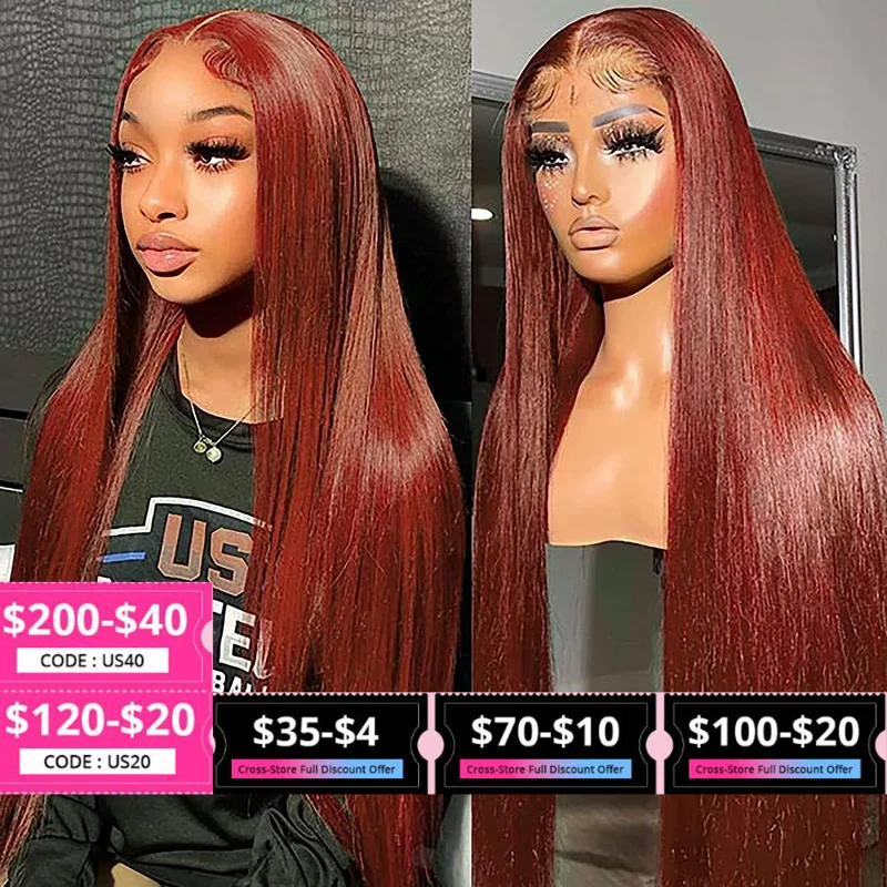 Reddish Brown Bone Straight 13x6 Hd Frontal Lace Wigs Human Hair 13x4 Lace Front Wig Pre Plucked 4x4 Closure Dark Red Brown Wig