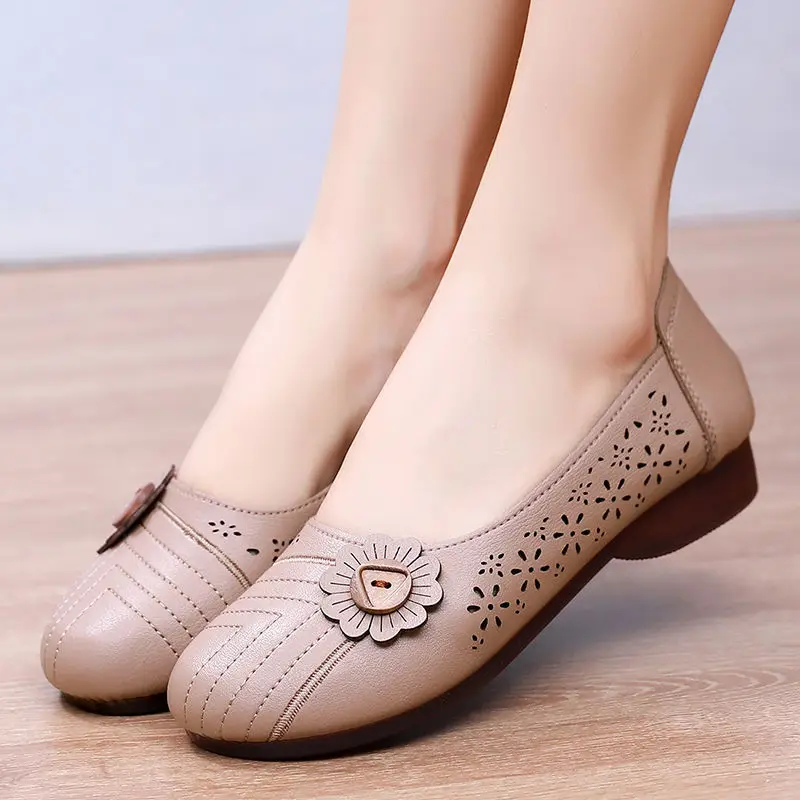 Summer leather moccasins women's hollow out ballet flats ladies button deco loafers grandma non slip flat shoes woman wide shoes