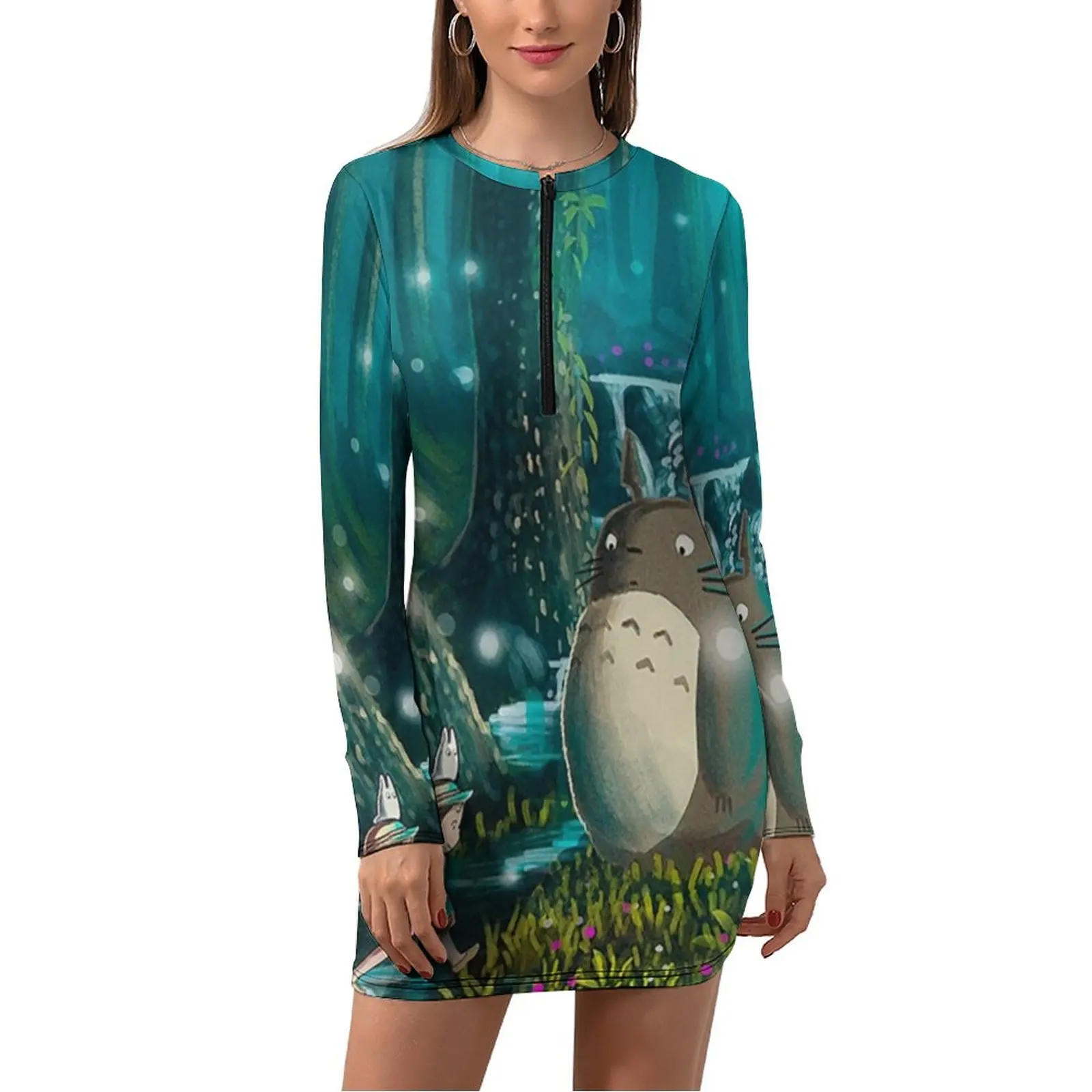 

My Neighbor Totoro Bodycon Dress Holiday Japanese Cartoon Modern Dresses Ladies Long Sleeve Printed Simple Dress Big Size