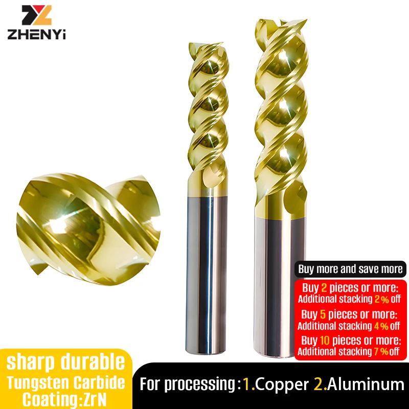 

ZHENYI Фреза 3F U-образная канавка Покрытие ZrN Высокоглянцевая отделка, торцевая фреза Фрезерные инструменты с ЧПУ для алюминия 3 мм 6 мм 8 10 12 20 мм