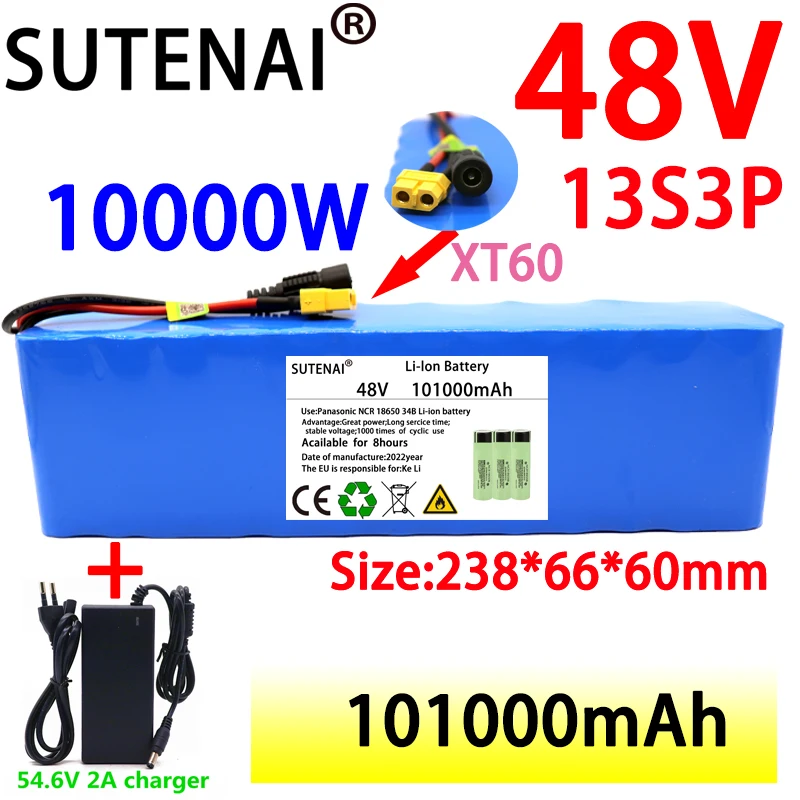

New 48V 100000mAh 1000w 13S3P XT60 48V Lithium ion Battery Pack 100Ah For 54.6v E-bike Electric bicycle Scooter with BMS+charger