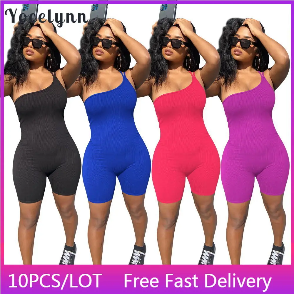 

10PCS Bulk Items Wholesale Lots Women Sports Jumpsuit 2022 Sexy One Shoulder Sleeveless Rompers Stretch Bodycon Overalls Y2k