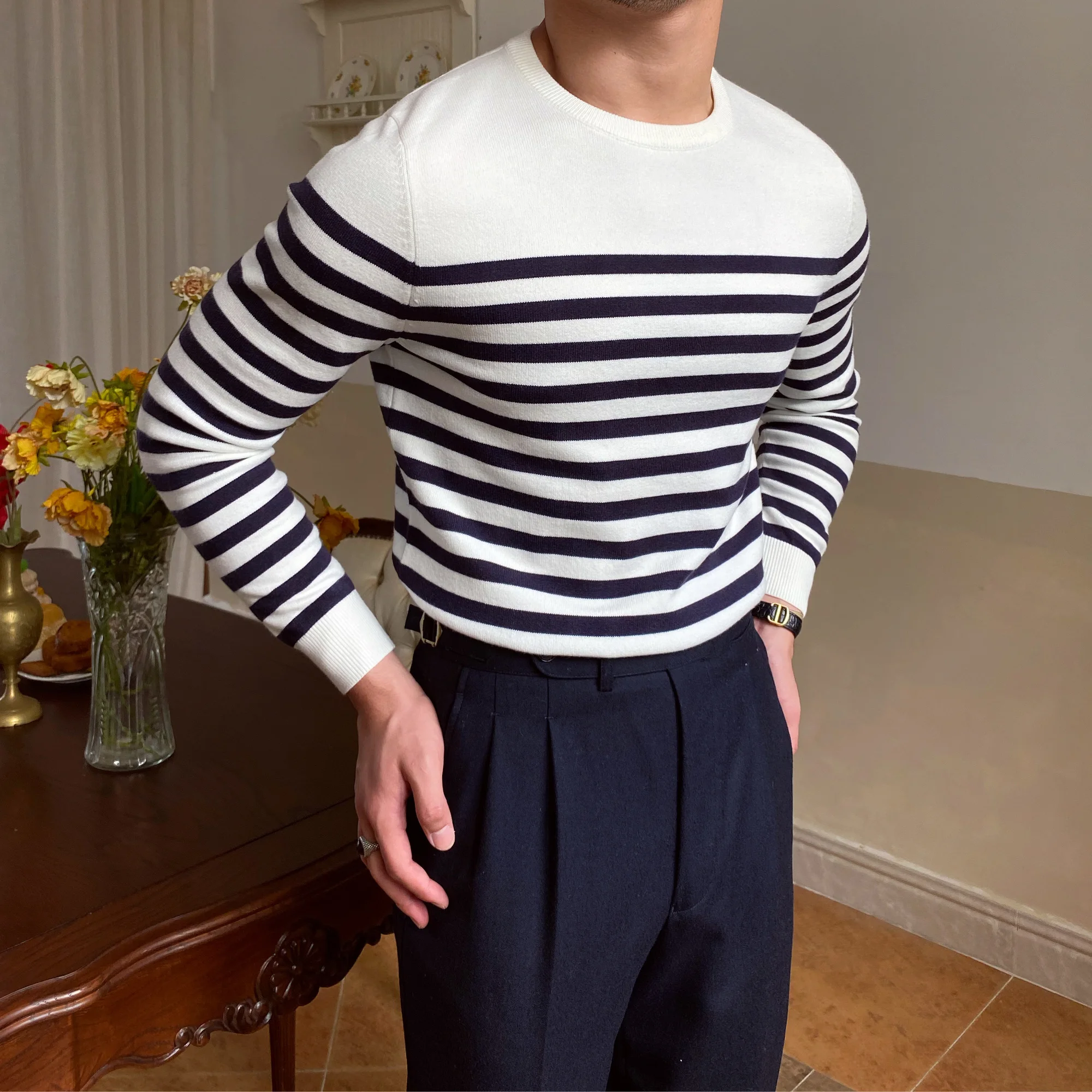 

Knitted Winter Sweater Korean 2022 Autumn Contrast Striped Sweater Men's All-match O-neck Knitted Long Sleeve Herren Pullover