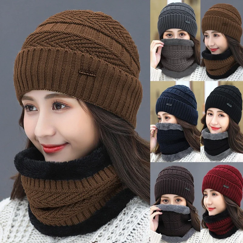 

Winter Women Knitting Cap Men And Women Outdoor Warm Thickening Velvet Loose Winter Hat With Scarf Brand Winter Ski Mask Hat