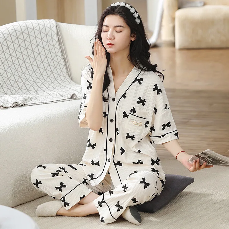 Новинка хлопковый летний кардиган с коротким рукавом длинные штаны Женский