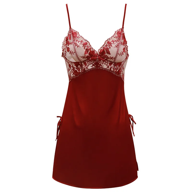 

Burgundy Women Exotic Dresses Summer Thin Short Nightgown Sexy Hollow Out Lace Backless Spaghetti Strap Nightdress Sleepshirts