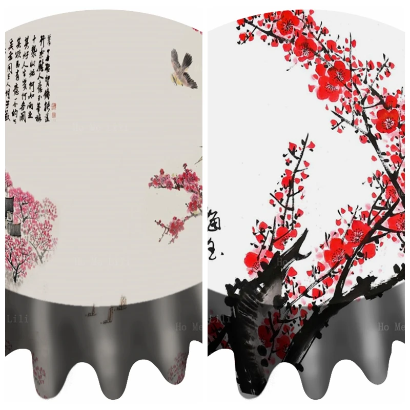

Chine Jiangnan Water Town Landscape Red Blossoms And Green Leaves Wintersweet Ink Painting Tablecloth By Ho Me Lili Table Decor